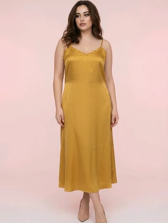 Aritzia Wilfred Satin Slip Midi Dress | Gold Mustard | Size 10 - Picture 3 of 9